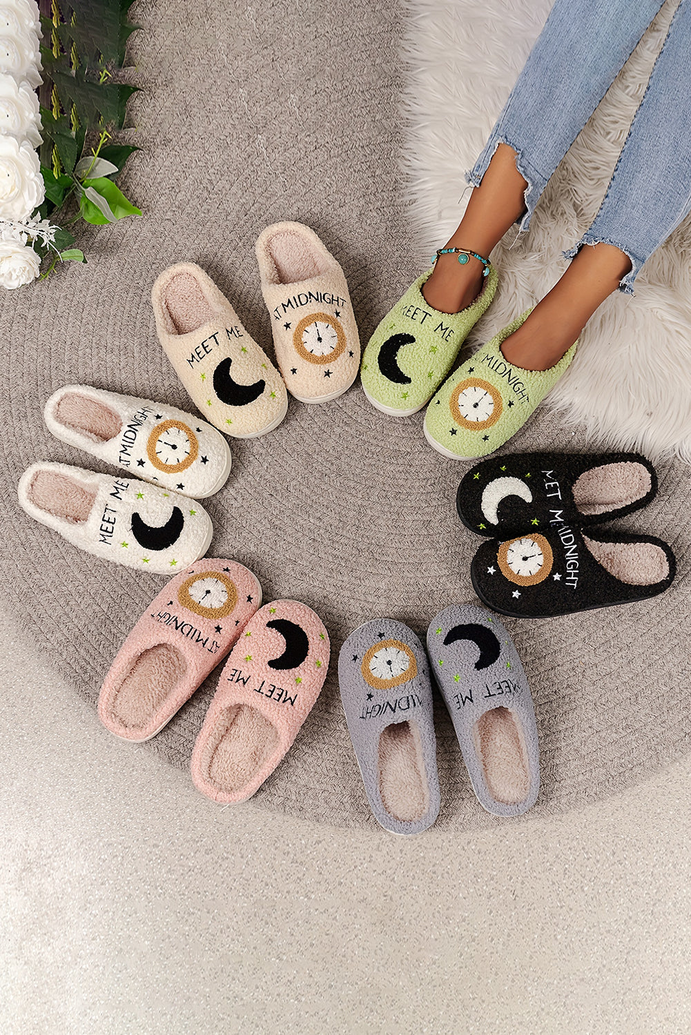 Parchment Moon & Clock Pattern Fuzzy Home Slippers