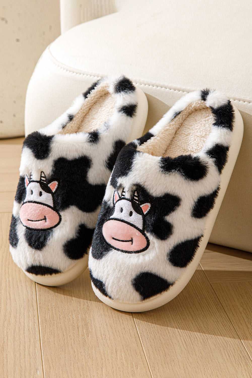 Bright White Cartoon Cow Embroidered Fuzzy Home Slippers