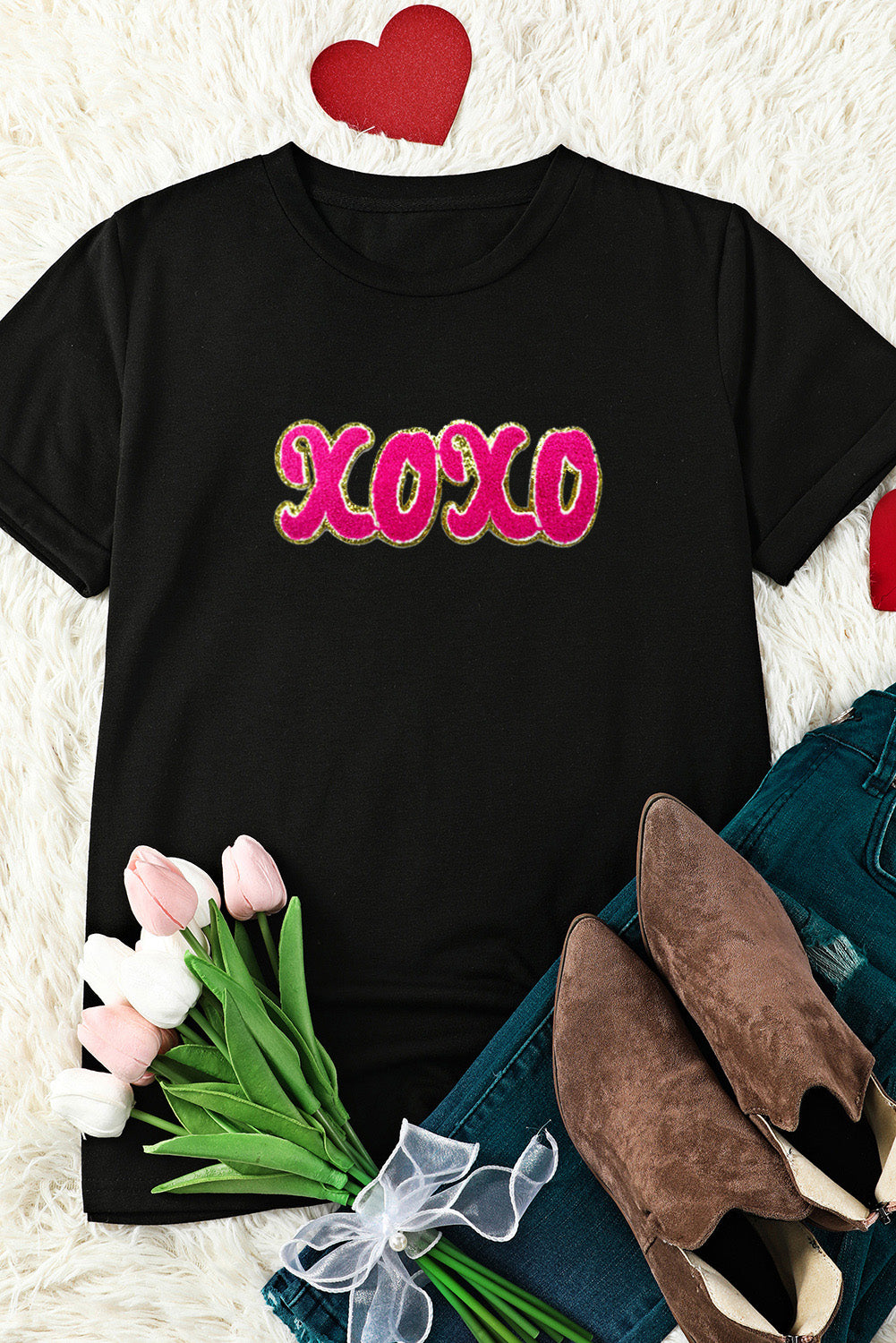Black xoxo Glitter Chenille Graphic Valentines T-shirt
