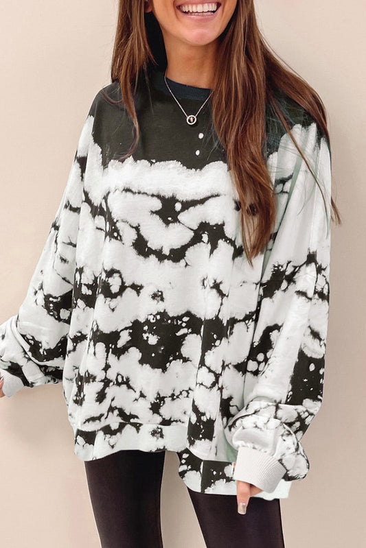 White Tie-Dye Drop Shoulder Pullover Sweatshirt