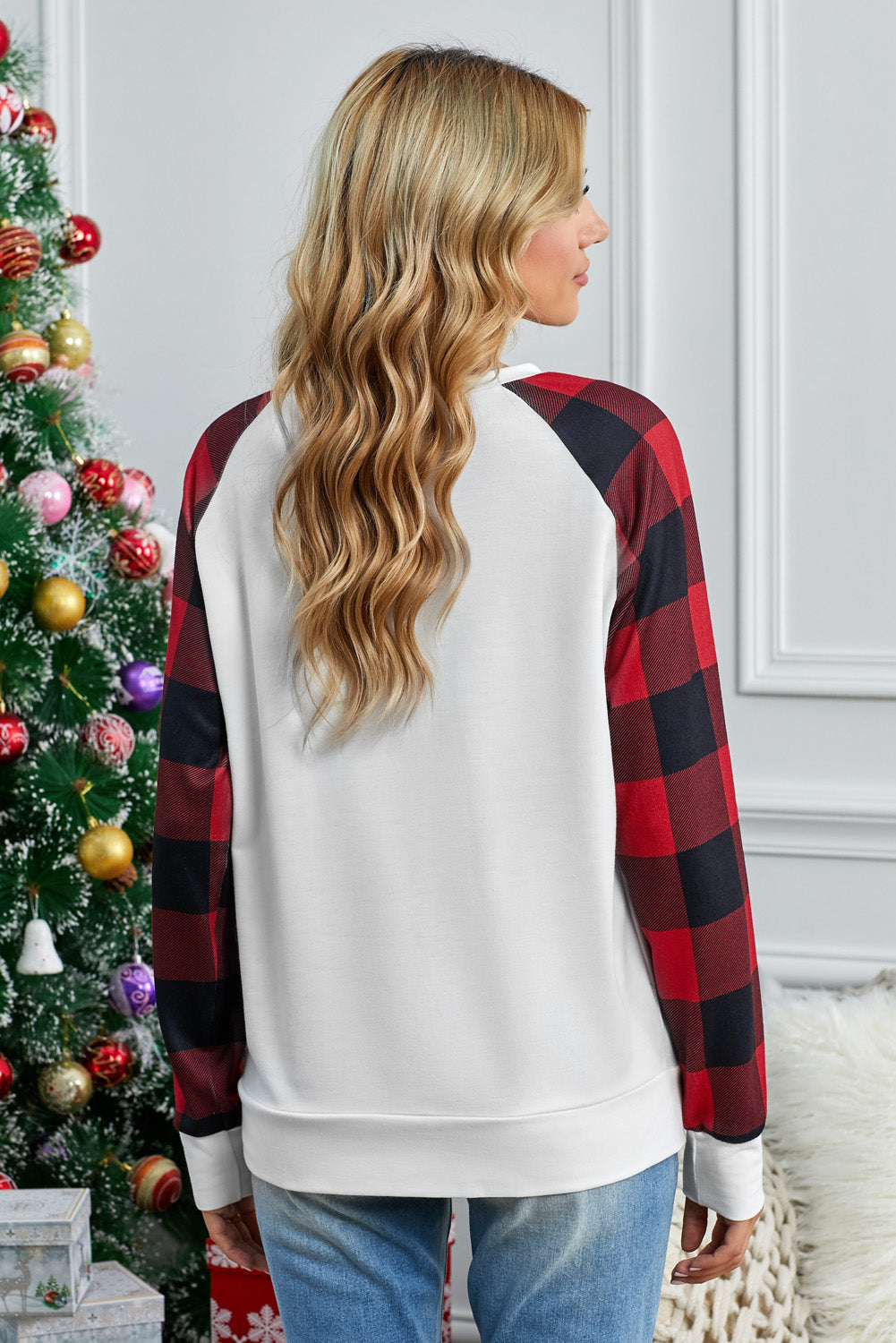 Merry Christmas Plaid Graphic Print Long Sleeve Sweatshirt