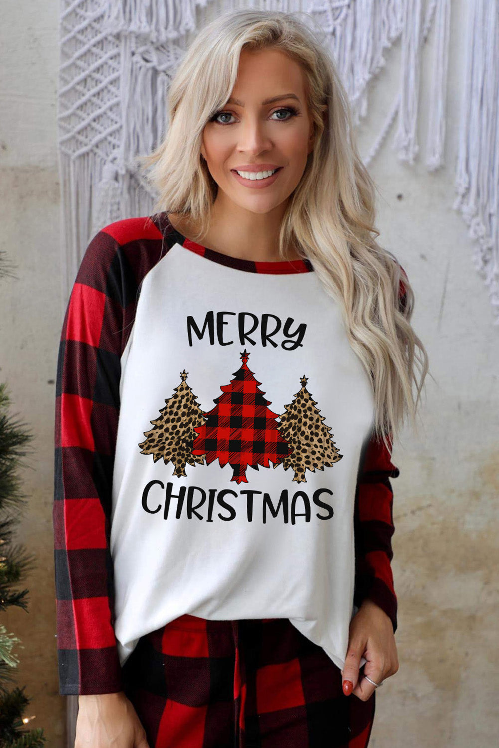 Red MERRY CHRISTMAS Trees Plaid Print Two Piece Lounge Set