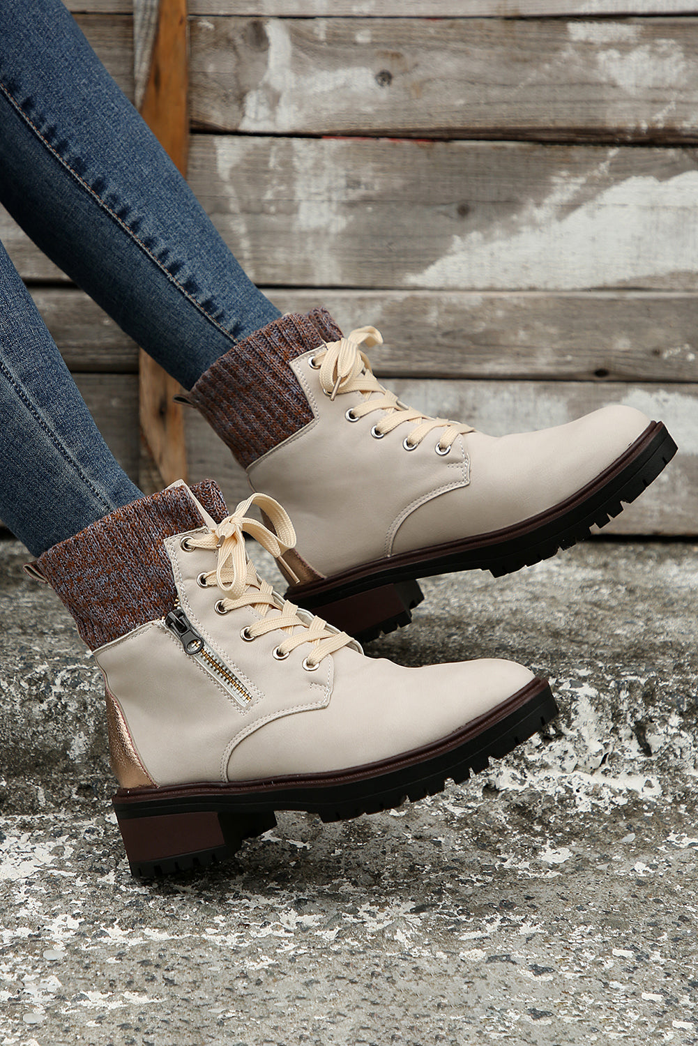 Beige Knitted Patched Lace-up Heeled Ankle Boots