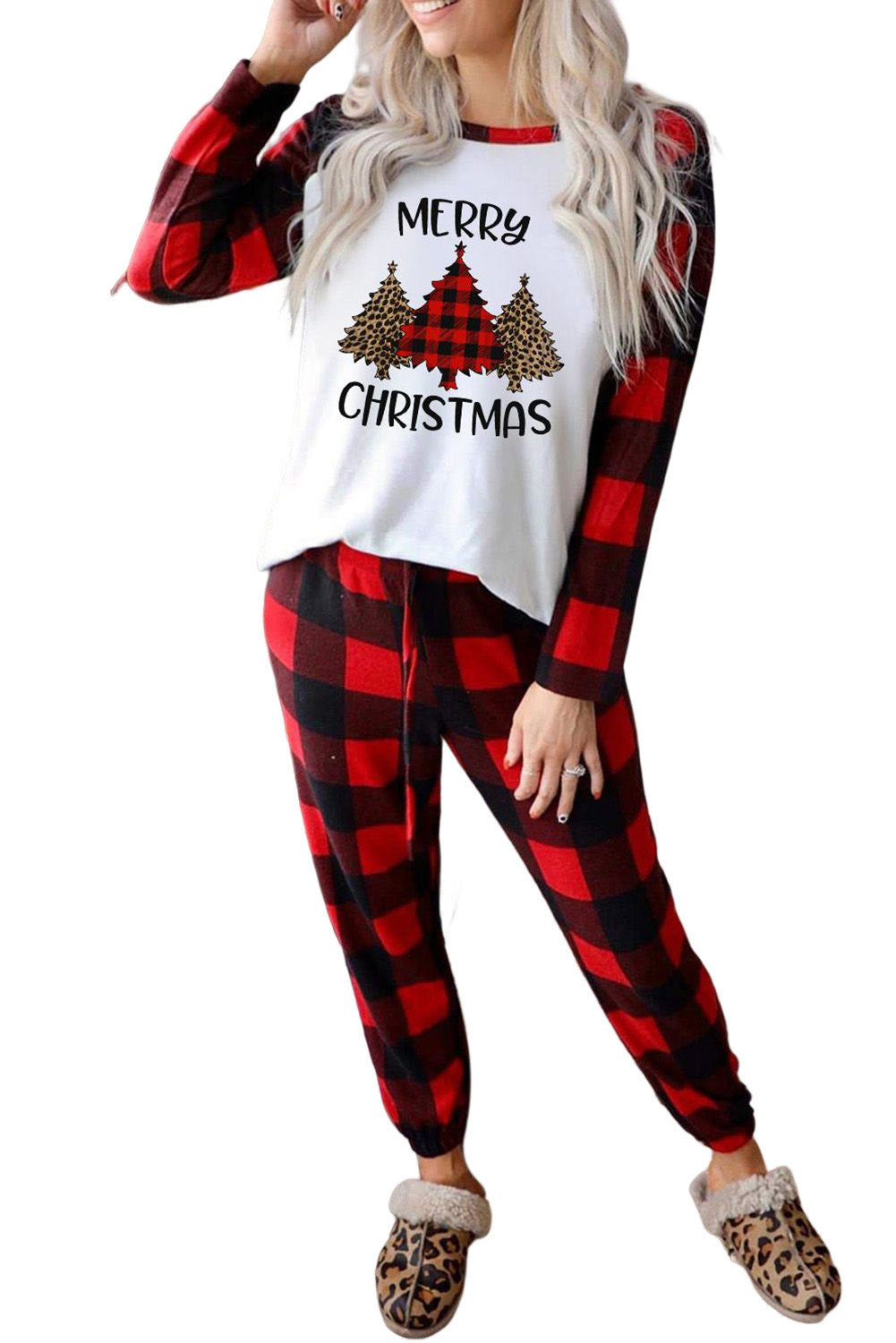 Red MERRY CHRISTMAS Trees Plaid Print Two Piece Lounge Set