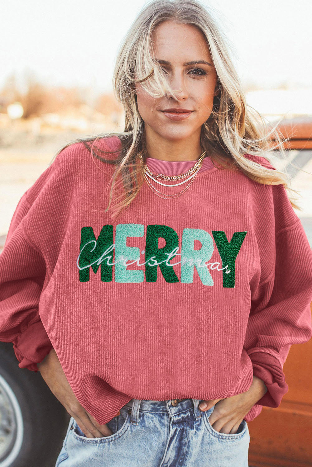 Strawberry Pink MERRY Christmas Corded Pullover Sweatshirt