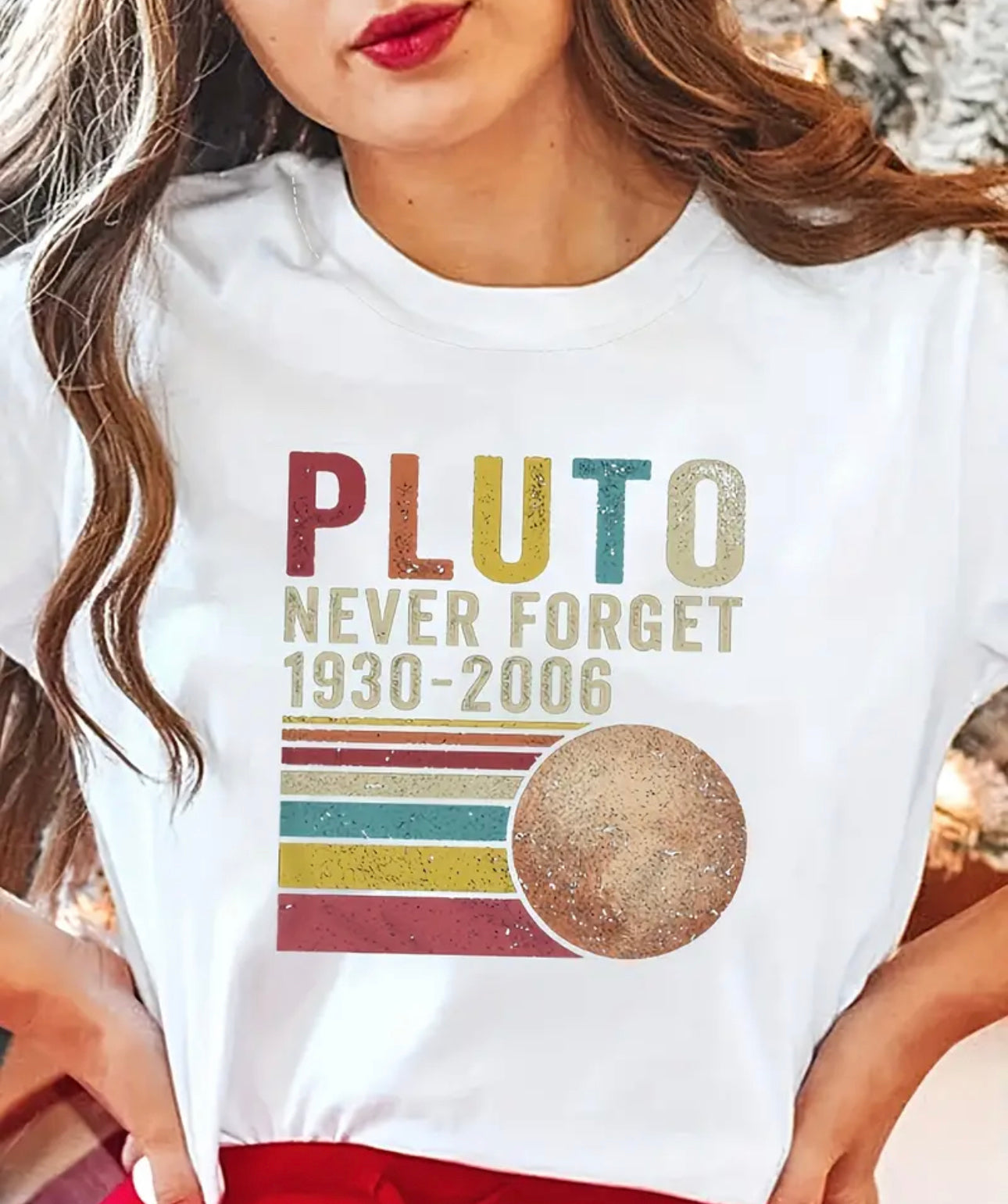 Pluto Print Retro Graphic Tee, Summer Short Sleeve Casual Top, Women's Clothing