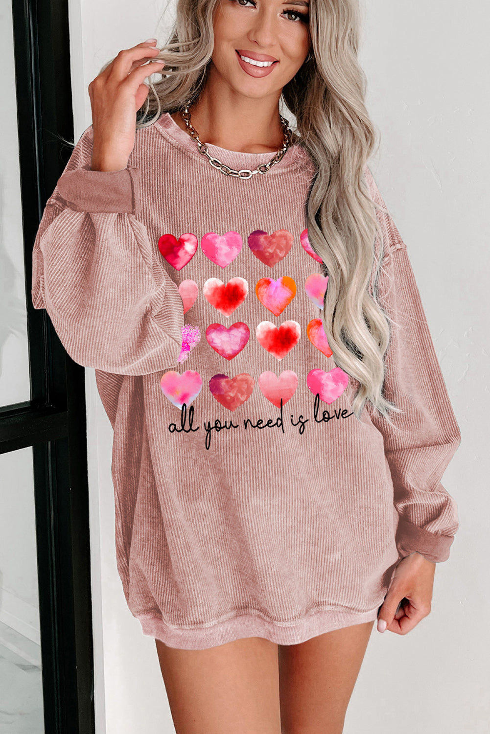 Pink Valentine Heart Shape Graphic Corded Sweatshirt