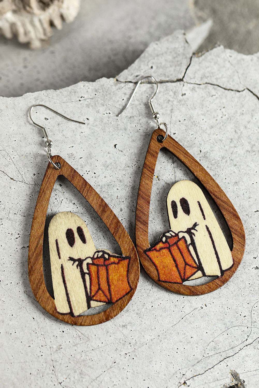 Wooden Water Drop Halloween Earrings