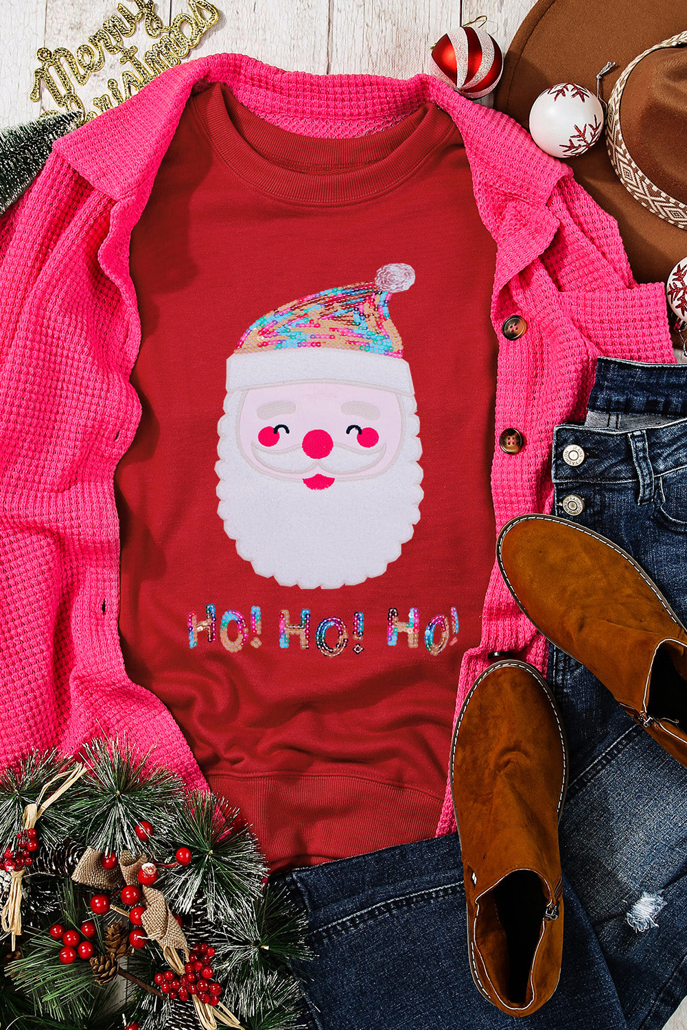 Red HO HO HO Sequined Santa Claus Sweatshirt