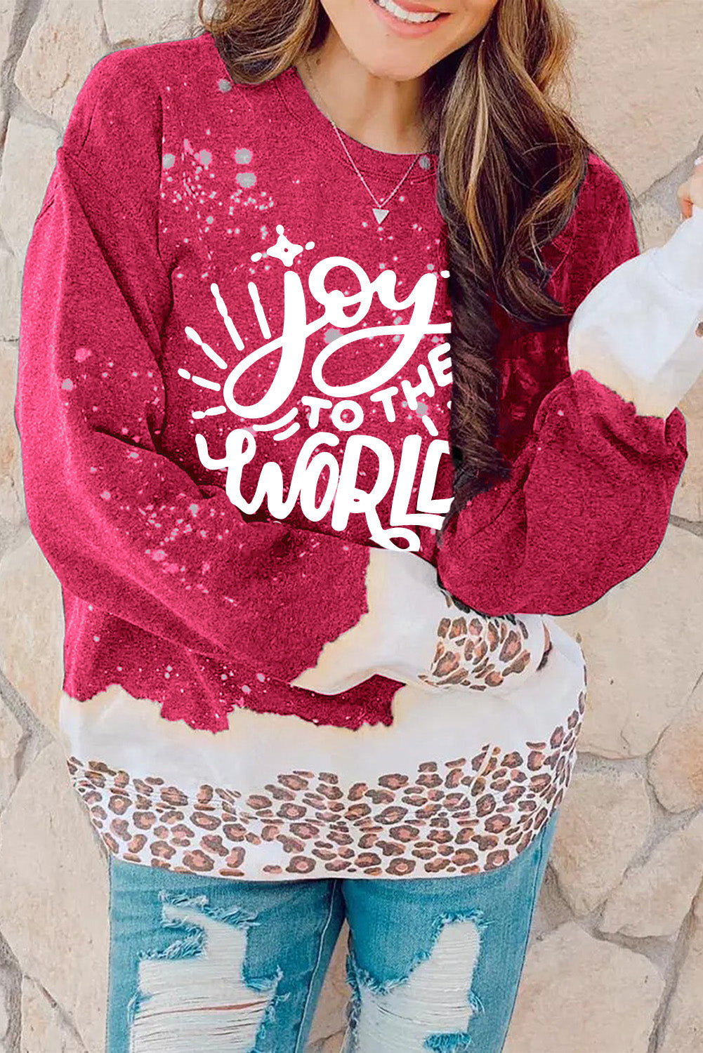 Red Joy To The World Leopard Print Loose Sweatshirt