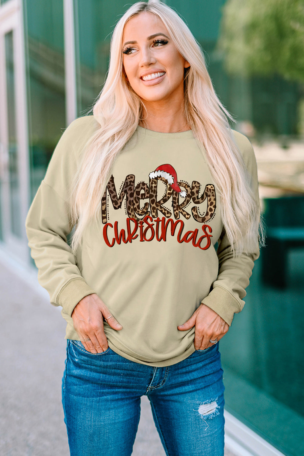 Khaki Merry Christmas Hat Leopard Print Graphic Sweatshirt