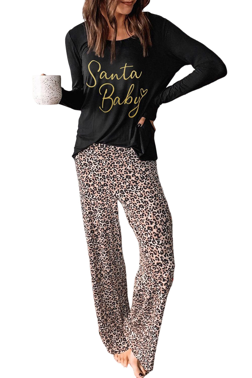 Santa Baby Leopard Print Long Sleeve Wide Leg Lounge Set