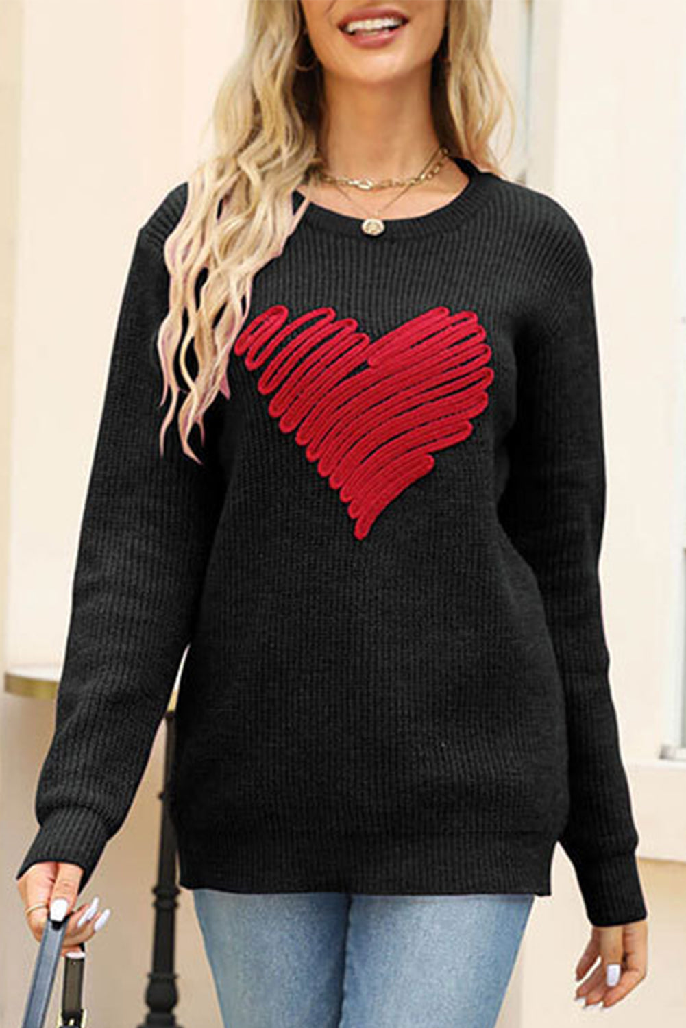 Black Valentines Heart Sketch Round Neck Sweater