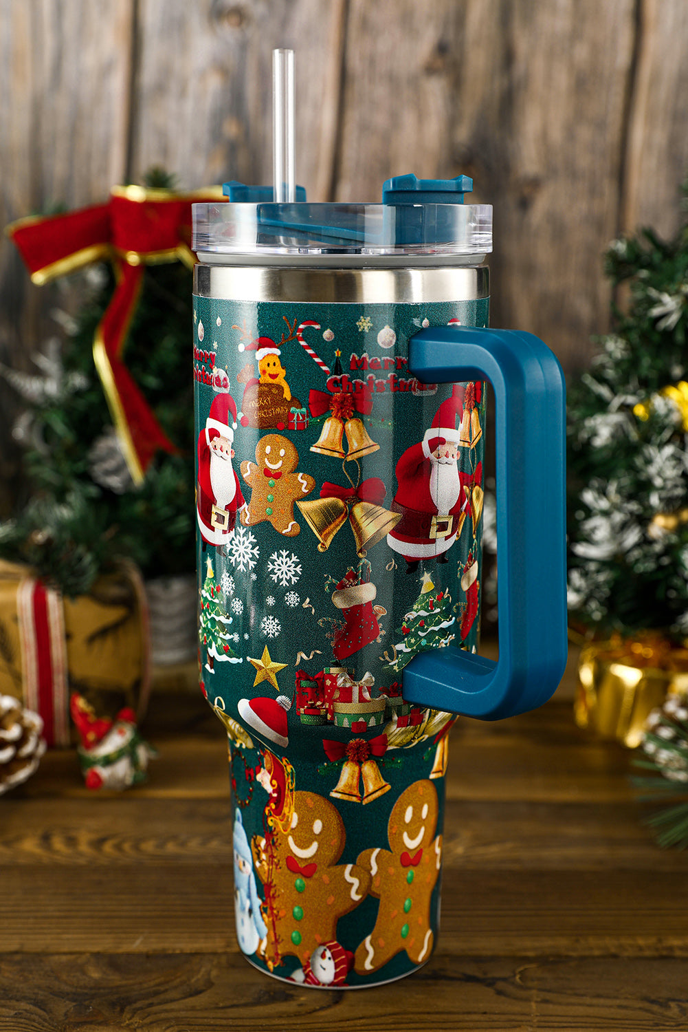 Sail Blue Christmas Pattern Print Handled Stainless Steel Tumblers