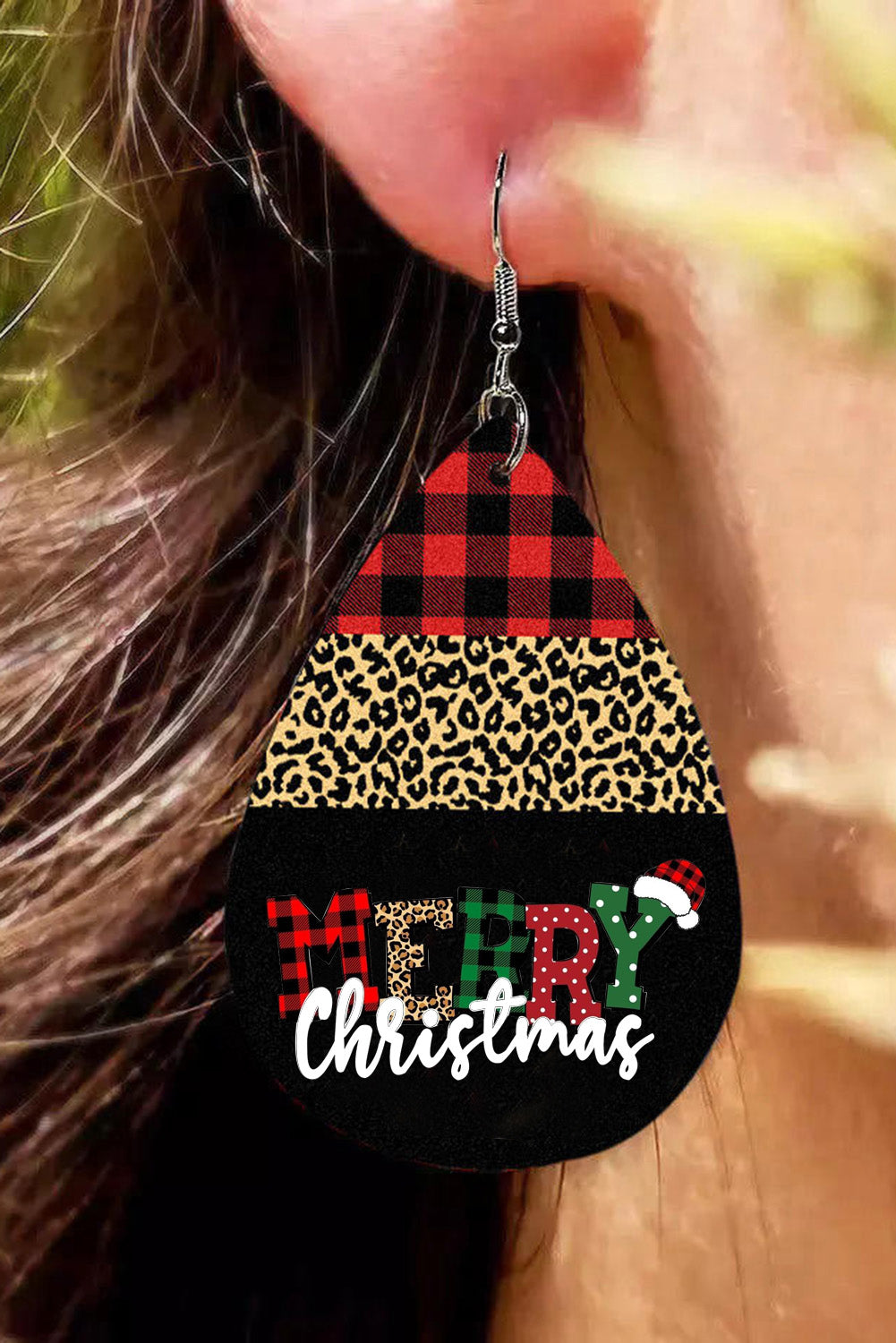 Black Merry Christmas Leopard Plaid Drop Earrings