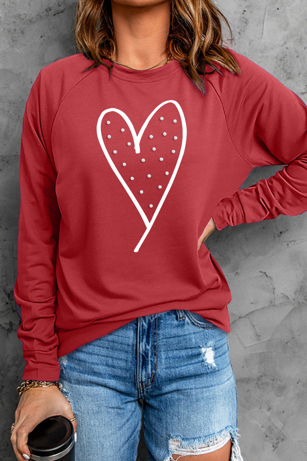 Red Valentine Heart Beaded Graphic Sweatshirt