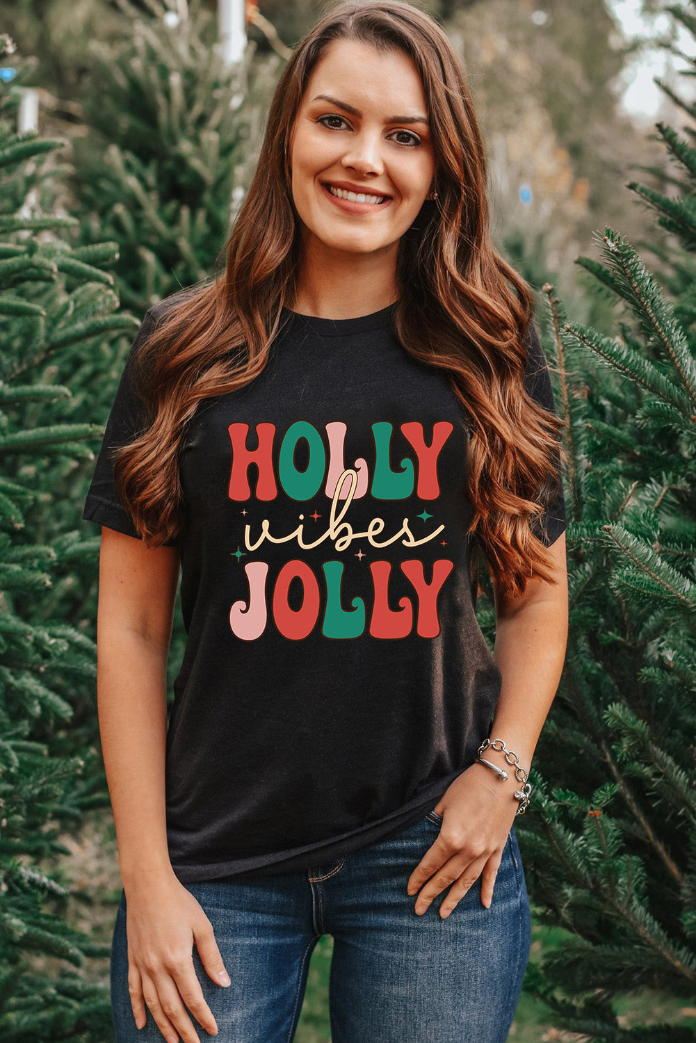 Black HOLLY JOLLY Vibes Christmas Crew Neck T Shirt