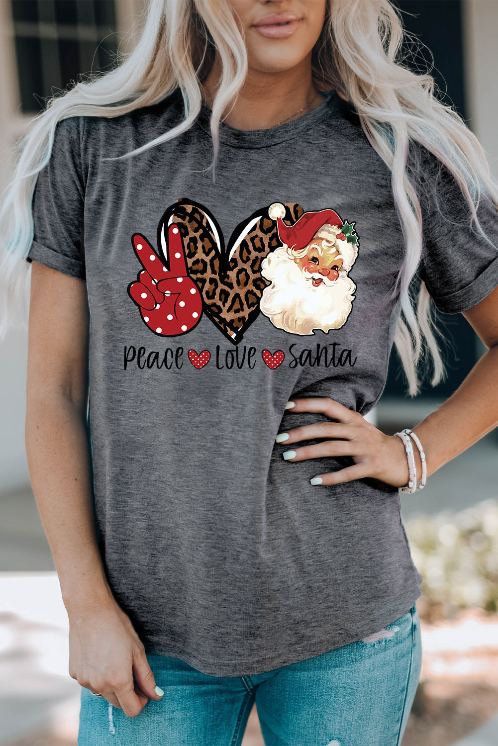 Gray Peace Love Santa Graphic Tee