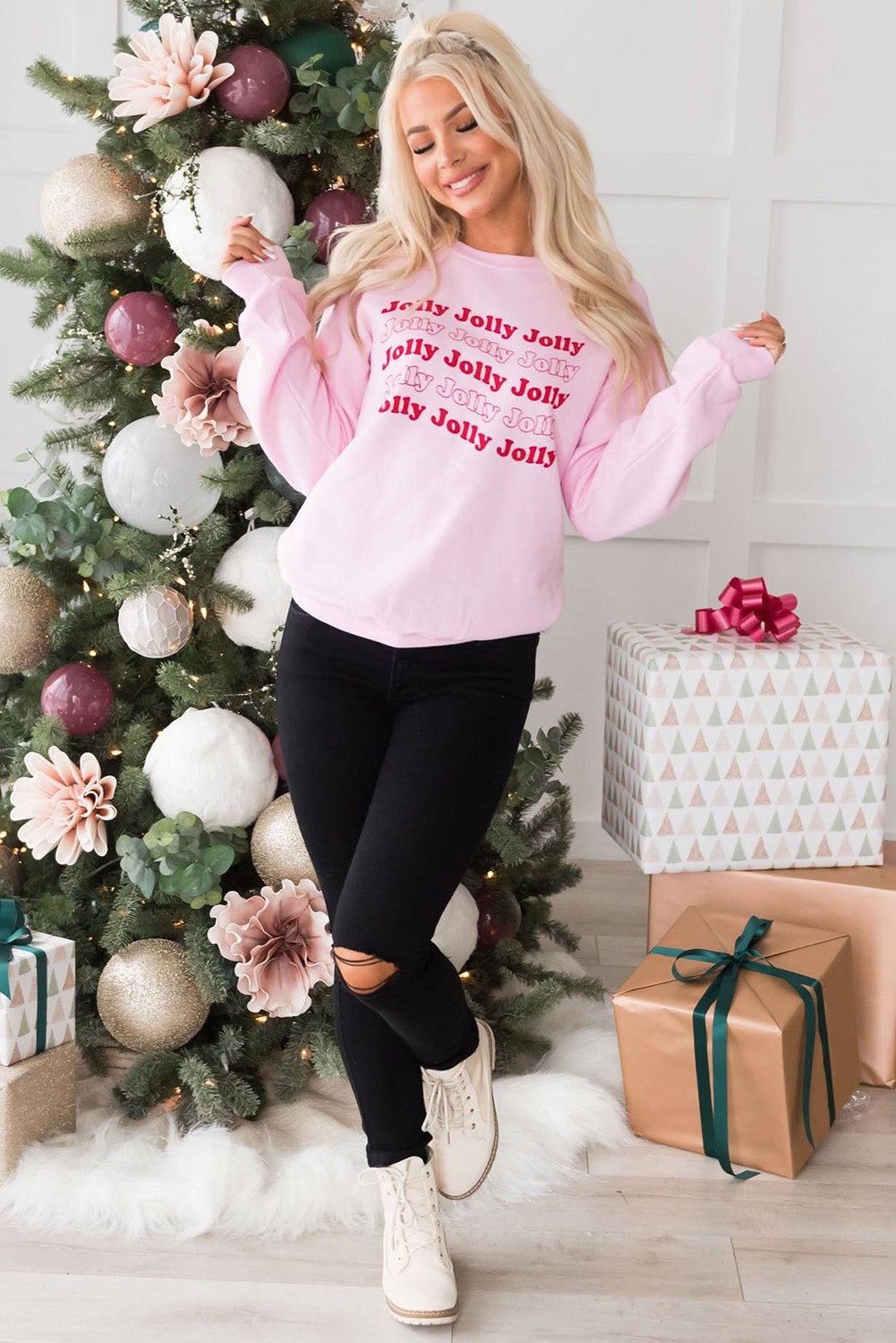 Pink Christmas Jolly Letter Print Pullover Sweatshirt