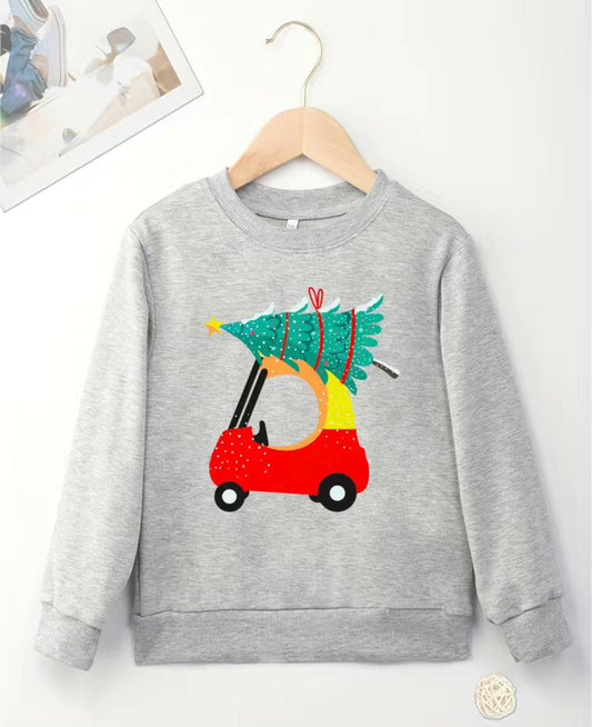 Merry Christmas Tree And Car Print Sweatshirt For Boys - Casual Graphic Design With Stretch Fabric For Comfortable Autumn/Winter Wear
