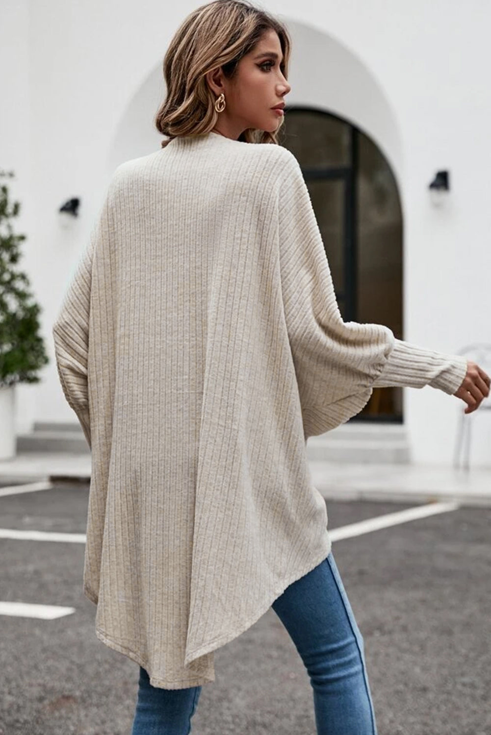 Parchment Bat Sleeve Wide Ribbed Knit Cardigan