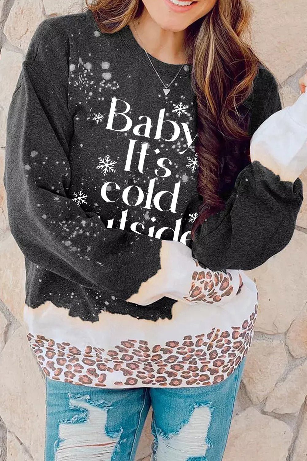 Black Baby It’s Cold Outside Leopard Print Crewneck Sweatshirt