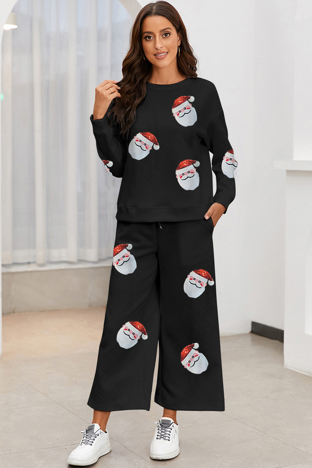 Black Christmas Santa Clause Print Textured Pants Set