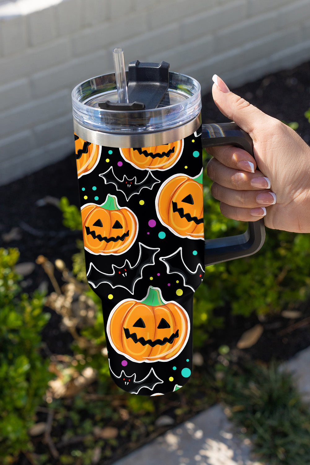 Black Halloween Pumpkin Bat Printed Tumbler with Straw