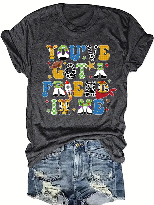 Women's Toy Story Print shirt, Letter Print Crew Neck T-Shirt - Casual Short Sleeve Tee for Spring & Summer