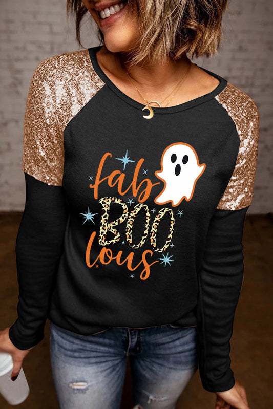 Black Leopard Boo Ghost Graphic Sequin Raglan Sleeve Top