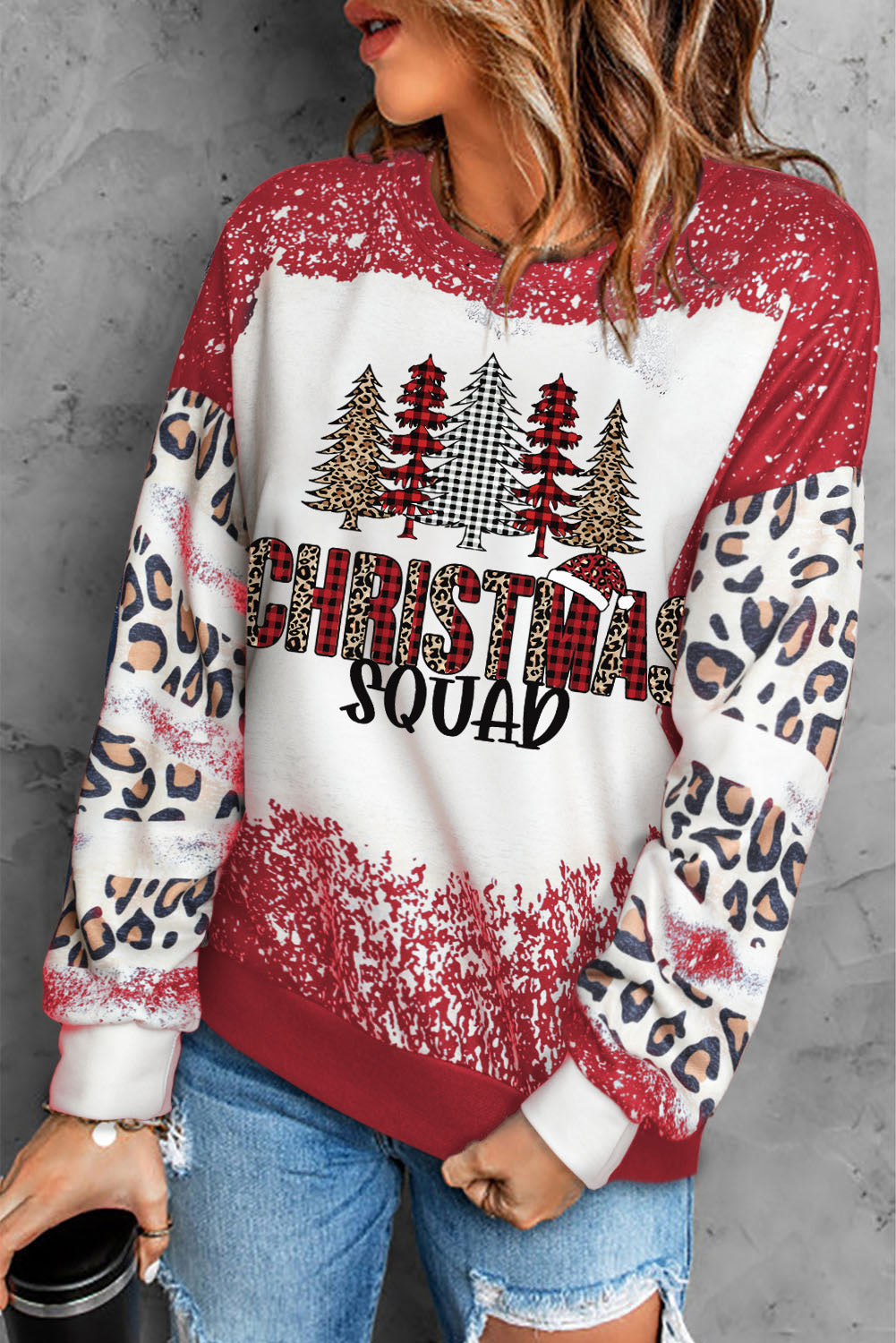 Christmas Tree Leopard Bleached Print Pullover Sweatshirt