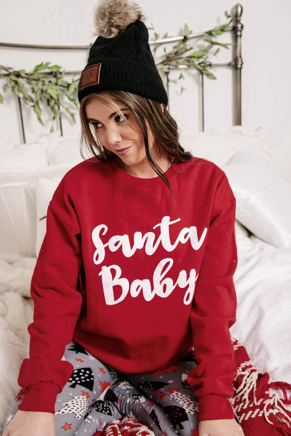 Red Santa Baby Print Crew Neck Pullover Sweatshirt