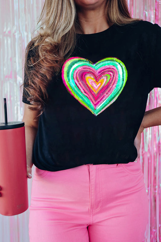Black Valentine Heart Shaped Print Crew Neck T Shirt