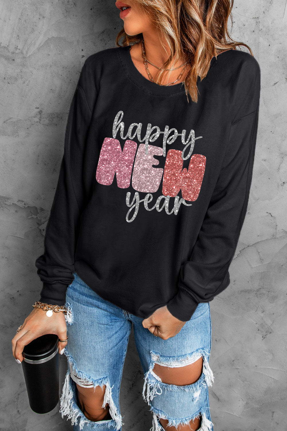 Black Glistening Happy New Year Graphic Sweatshirt