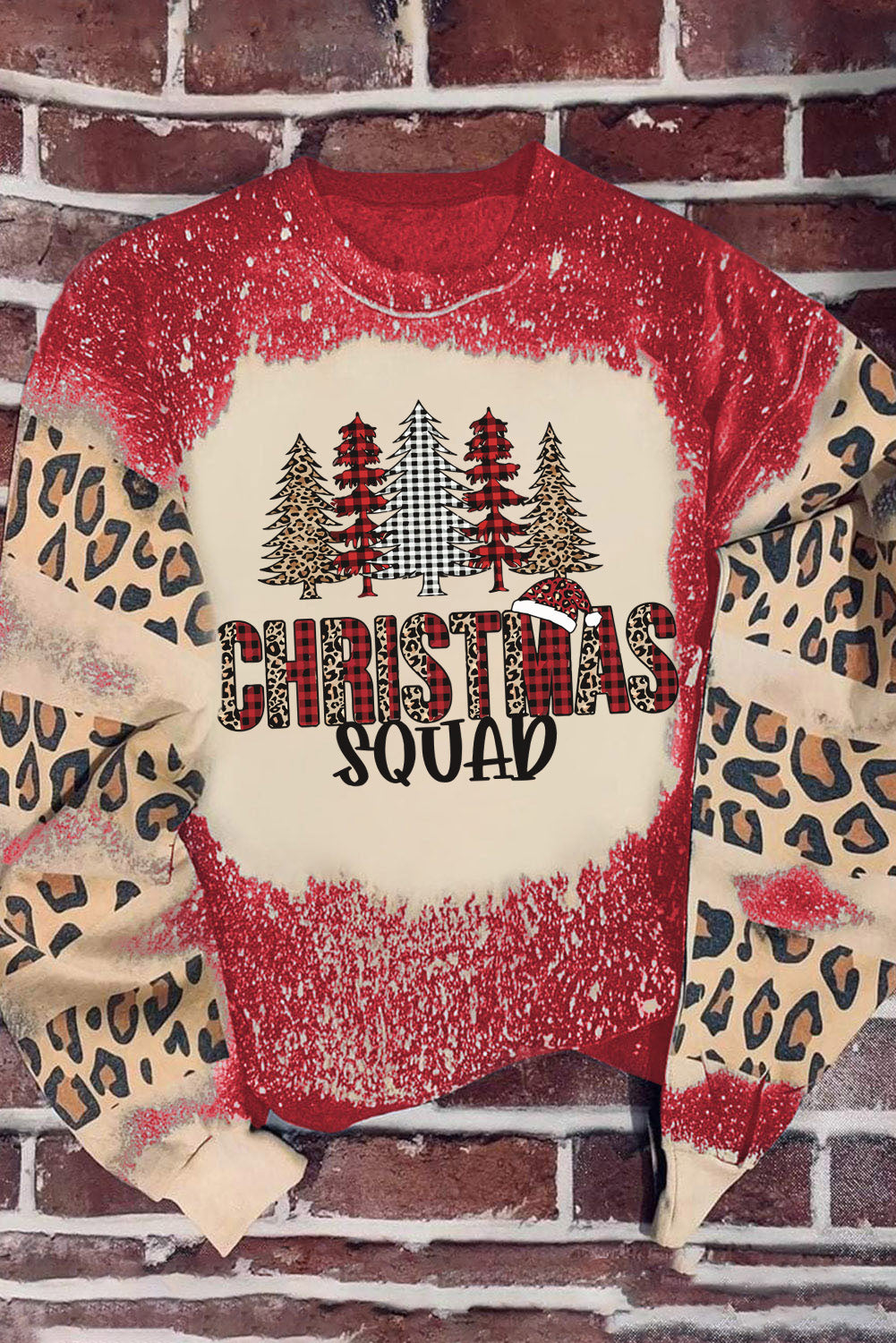 Christmas Tree Leopard Bleached Print Pullover Sweatshirt