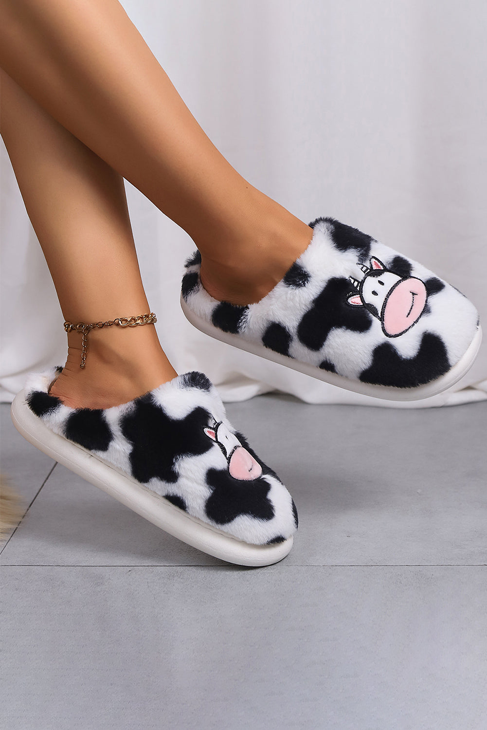 Bright White Cartoon Cow Embroidered Fuzzy Home Slippers