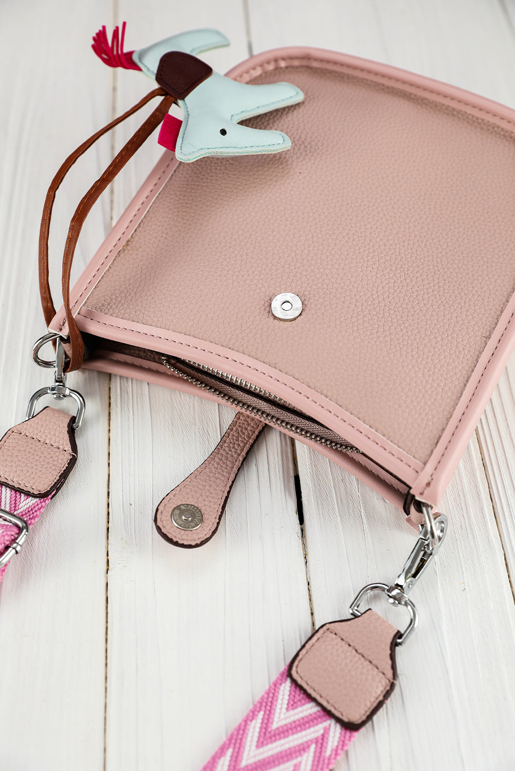 Pink Striped Strap PU Leather Square Crossbody Bag