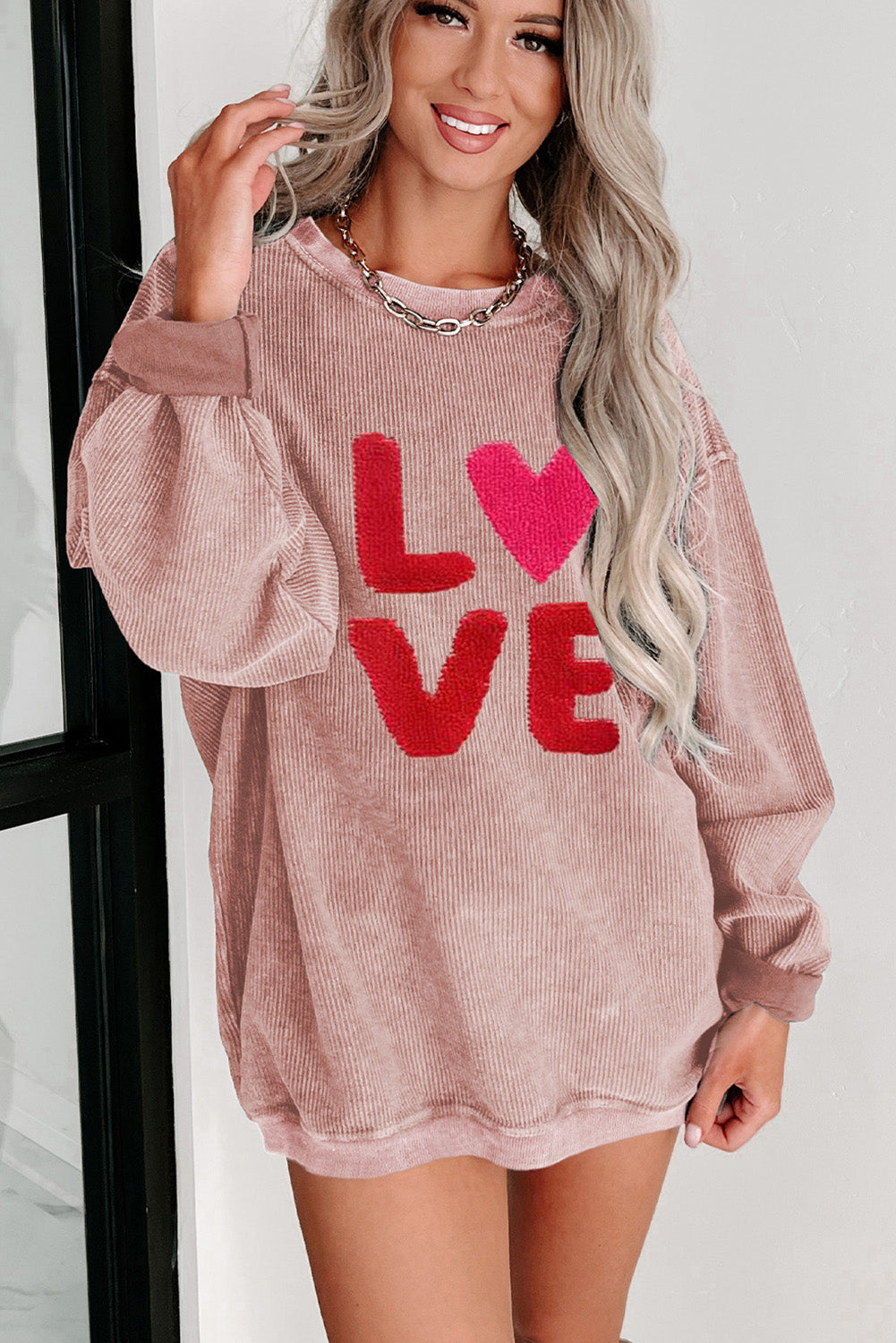 Pink Valentines LOVE Graphic Corded Baggy Sweatshirt