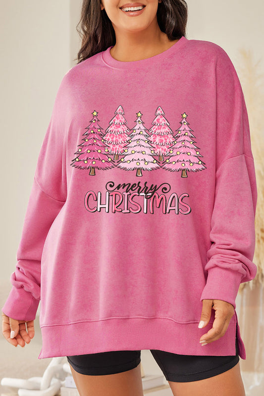 Pink Merry Christmas Lighting Tree Graphic Plus Size Sweatshirt