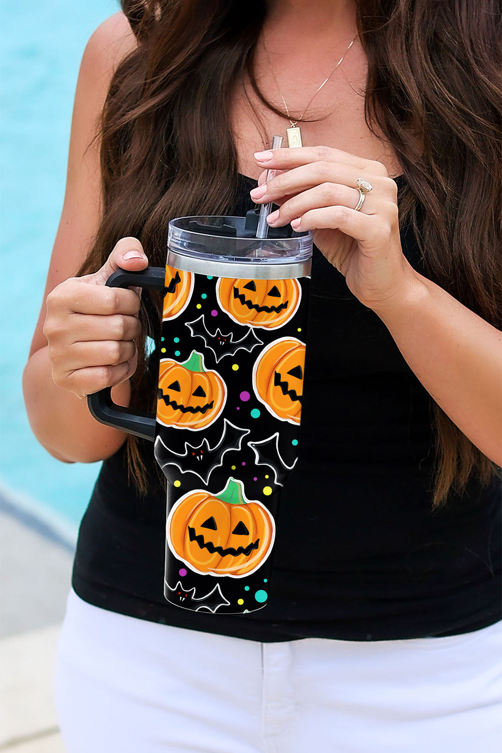 Black Halloween Pumpkin Bat Printed Tumbler with Straw