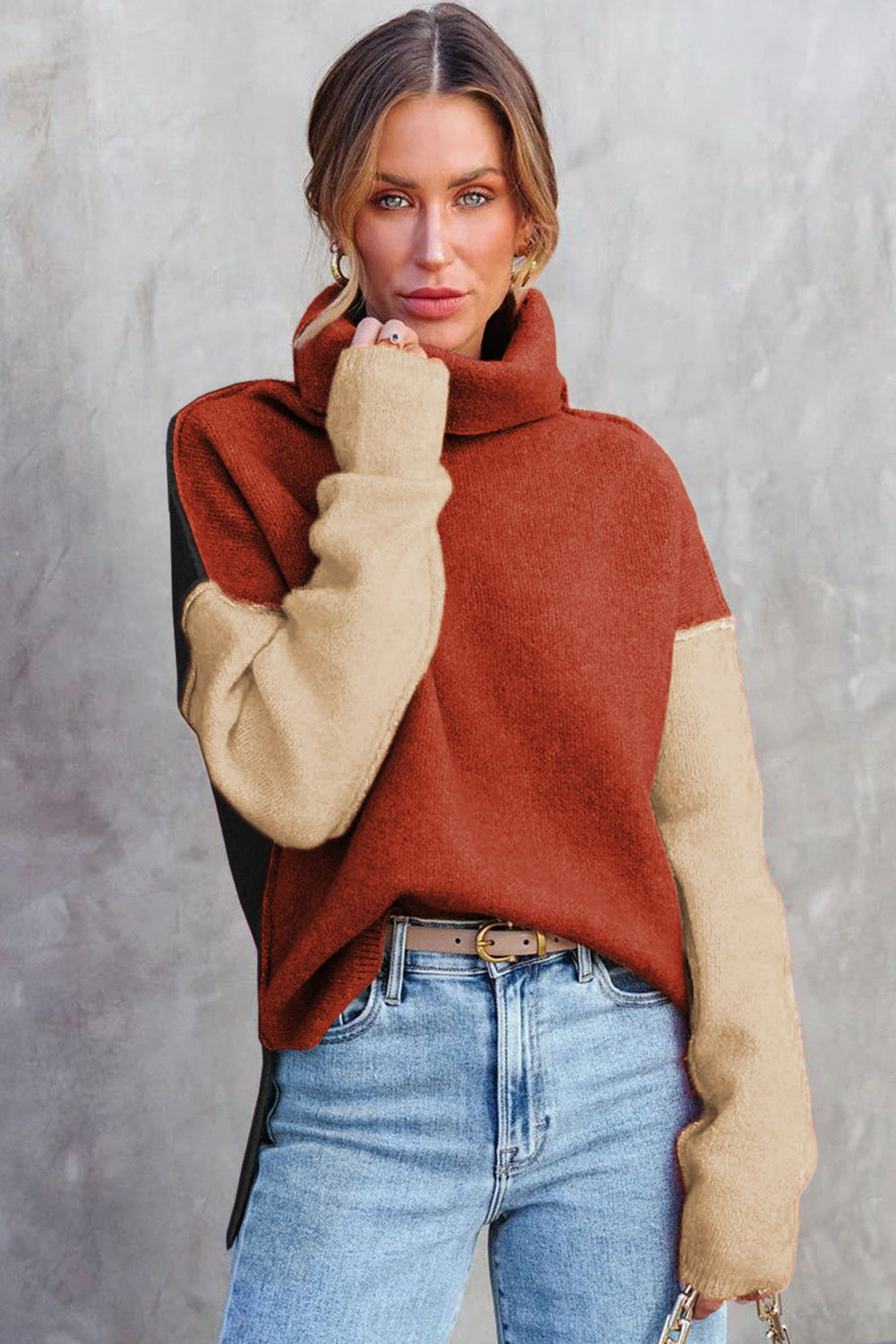 Clay Red Color Block Turtle Neck Drop Shoulder Knit Sweater