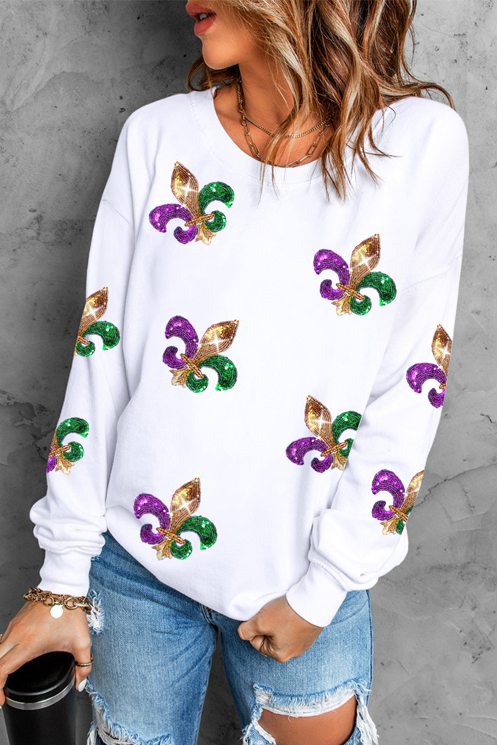 White Sequin Carnival Graphic Pullover Sweatshirt