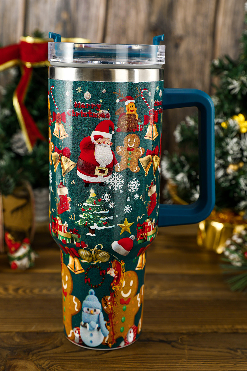 Sail Blue Christmas Pattern Print Handled Stainless Steel Tumblers