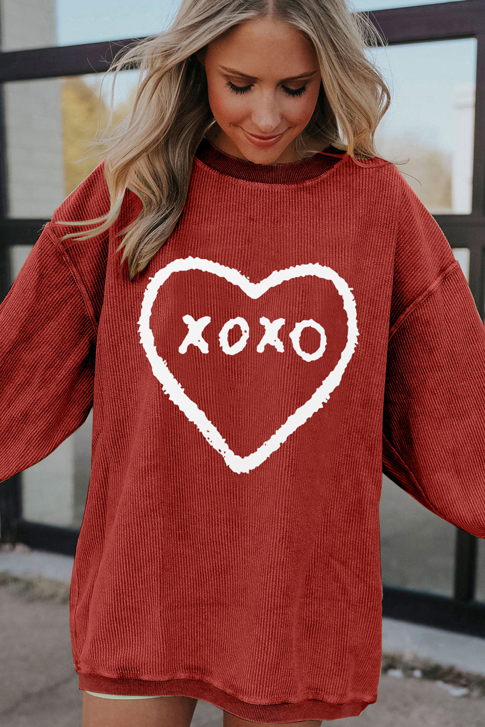 Racing Red XOXO Heart Shape Graphic Corded Sweatshirt