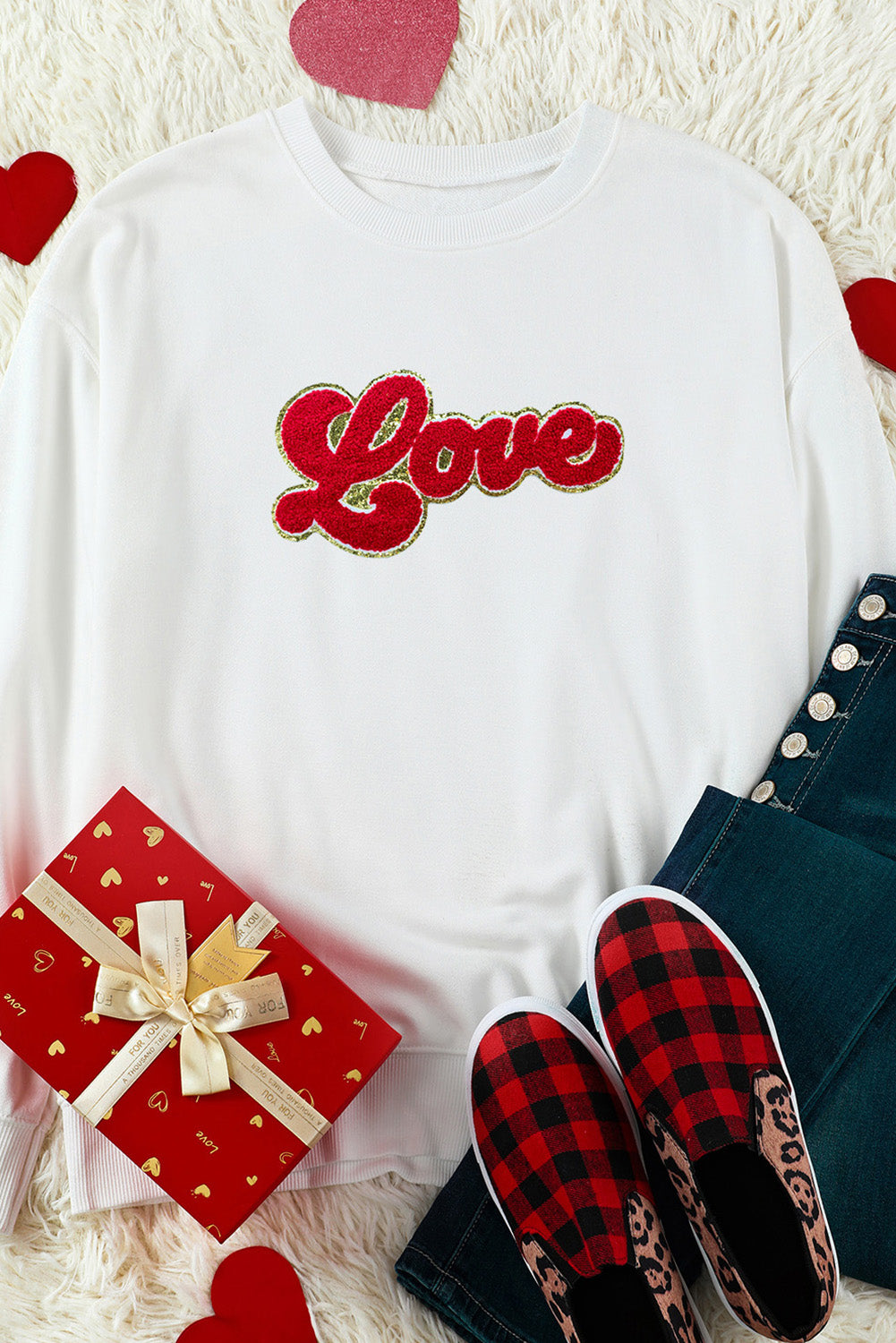 Beige Love Letter Chenille Embroidered Pullover Sweatshirt