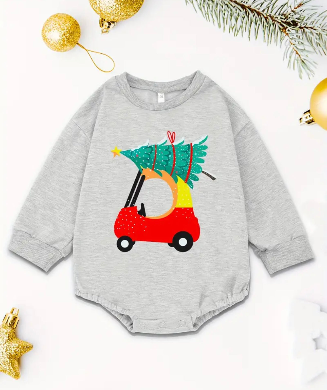 Baby Long Sleeve Sweatshirt Romper, Christmas Trees And Small trucks