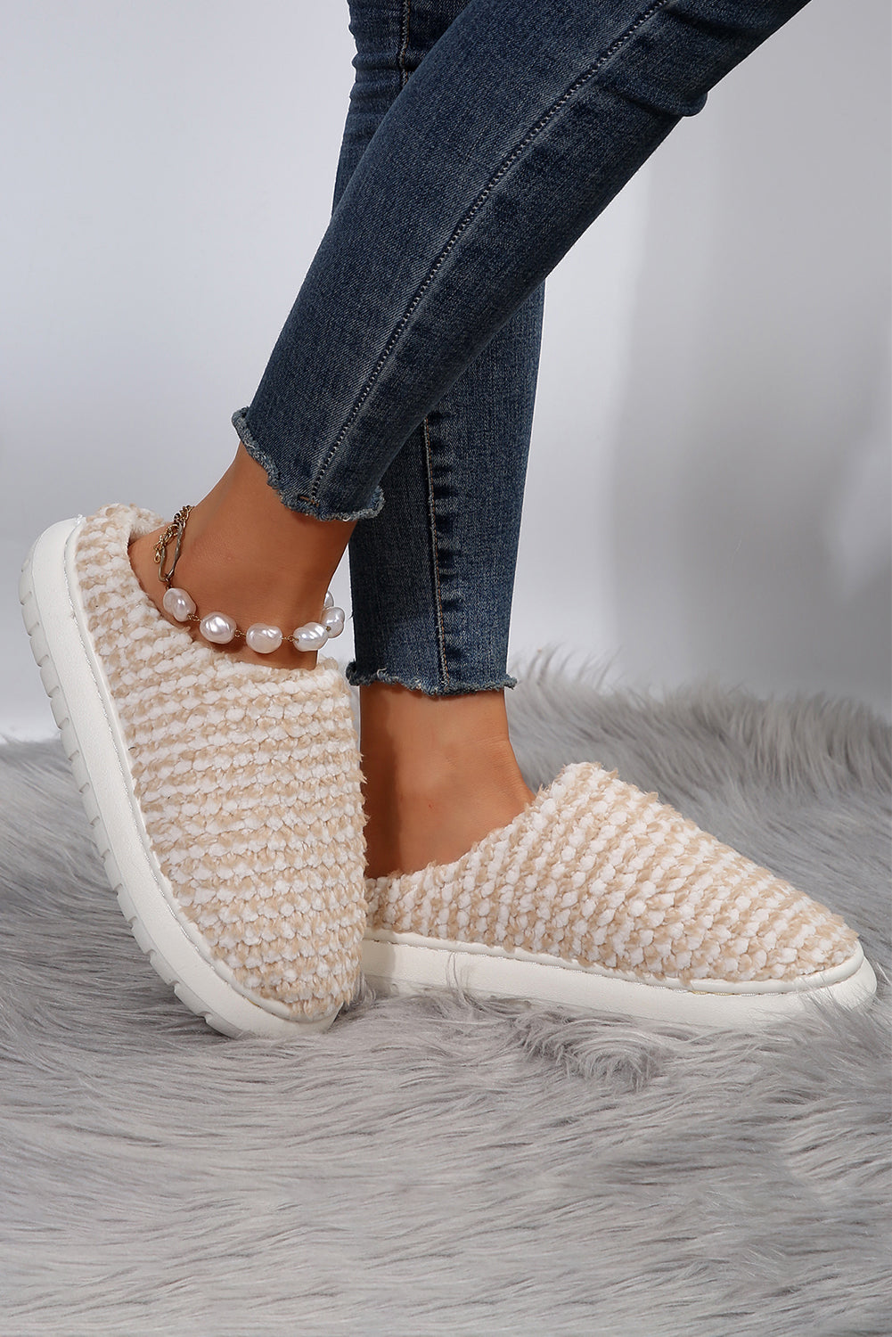 Apricot khaki Two-tone Knitted Warm Homewear Slippers