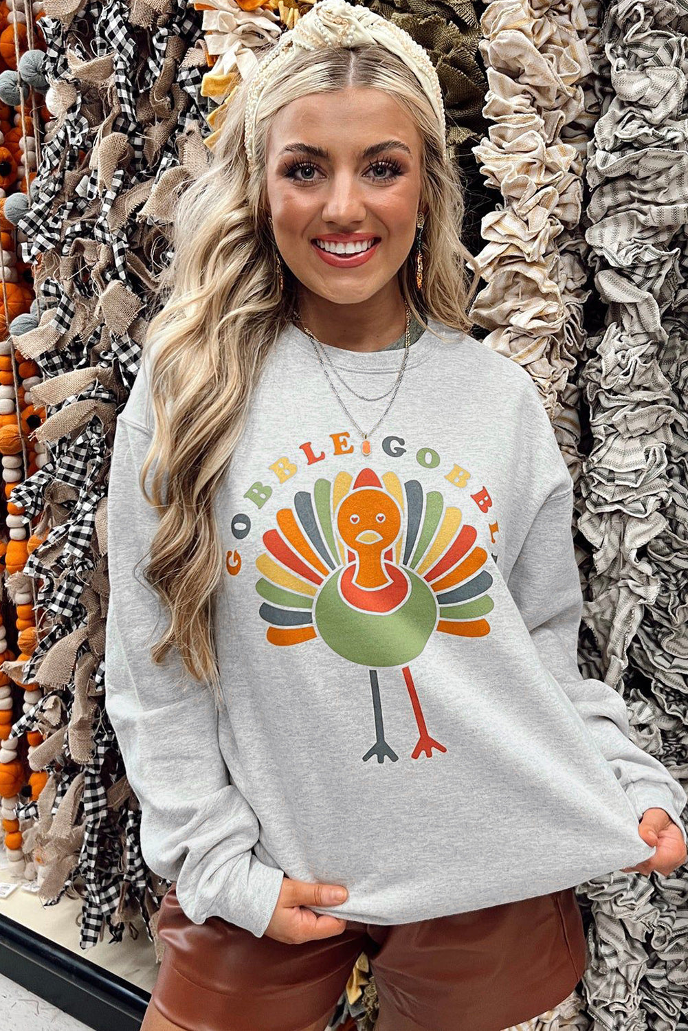 Gray GOOBLE GOOBLE Turkey Print Pullover Sweatshirt