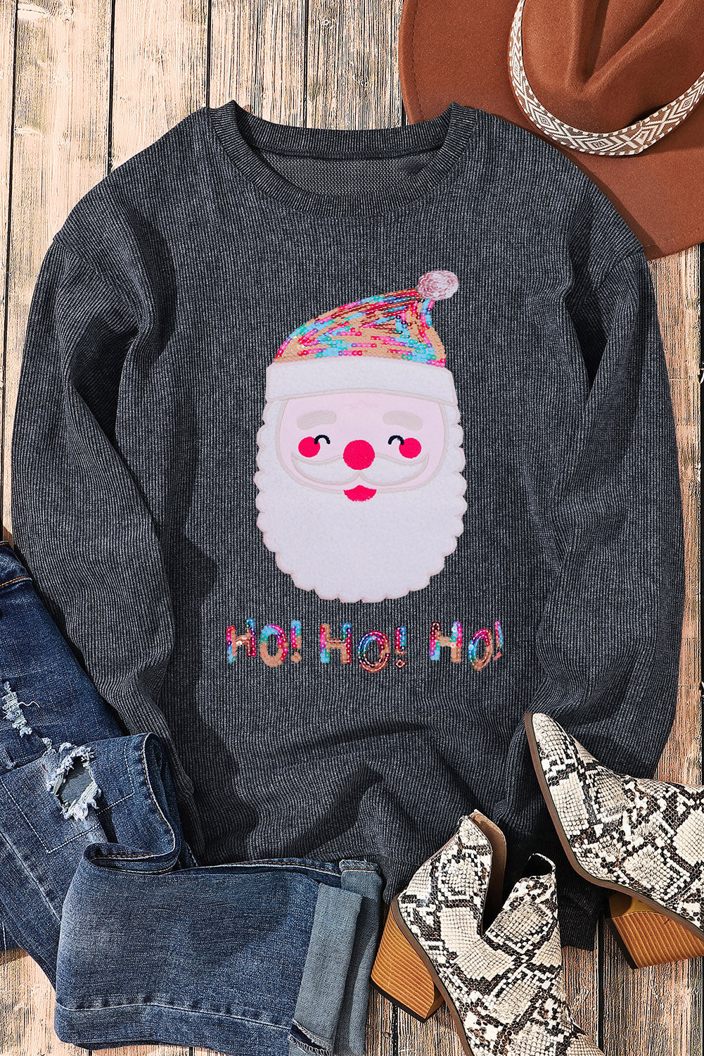 Gray Sequin HO HO HO Santa Claus Graphic Corded Sweatshirt