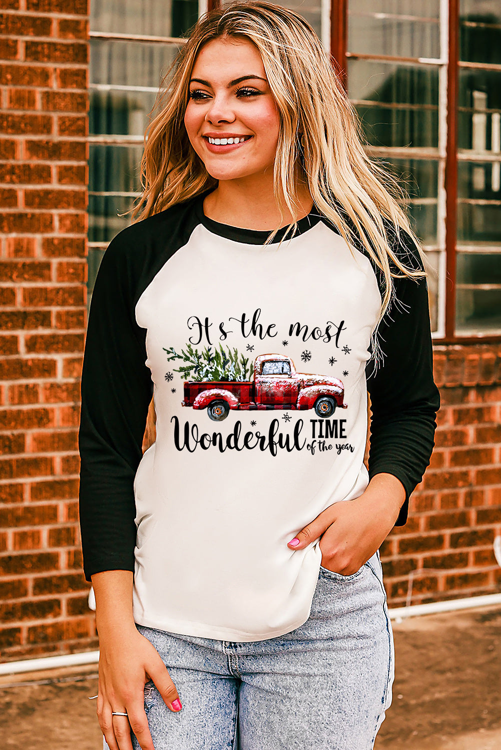 Christmas Truck Letter Graphic Print Color Block Top